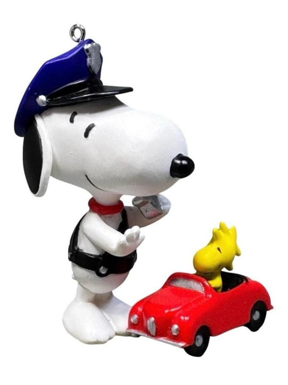 Hallmark Snoopy Police Ornament with Blue Hat, Red Car and Yellow Woodstock